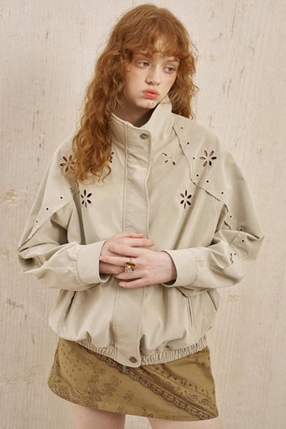 Embroidered Stand Leather Jacket