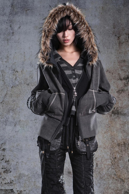 Vintage Lantern Sleeve Hooded Sweatshirt Jacket