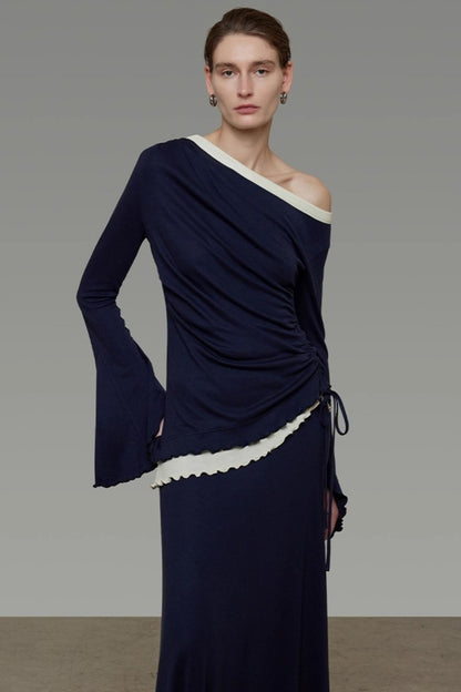 Autumn Slanted Shoulder Knit Slacks Set-Up