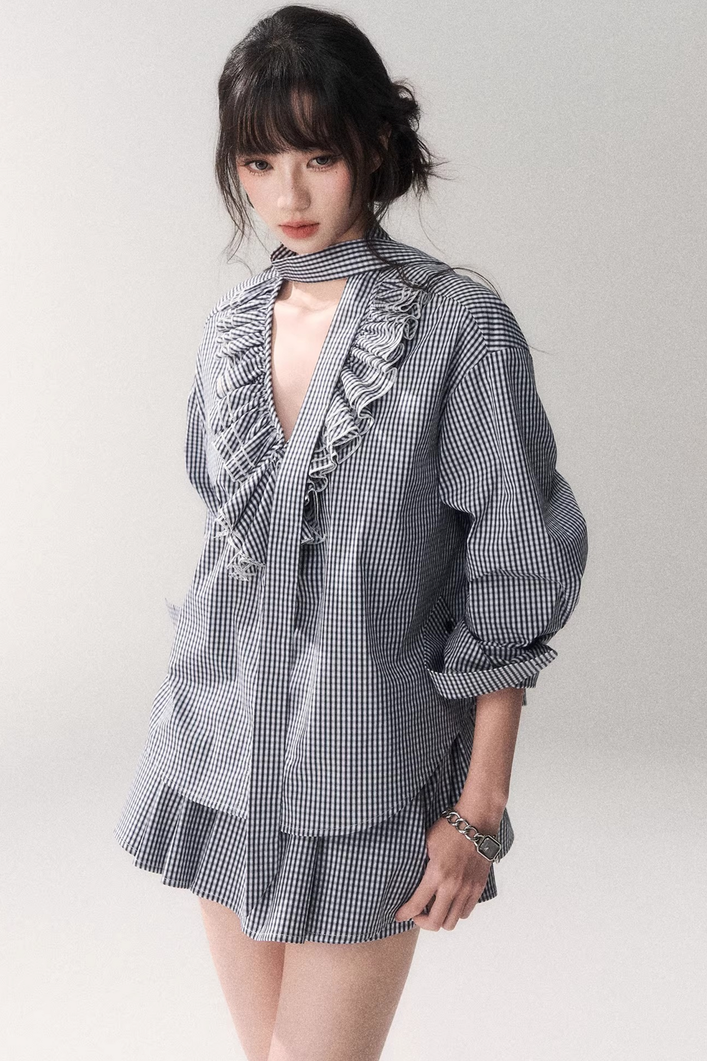 Blue Check Lace Blouse Set-Up