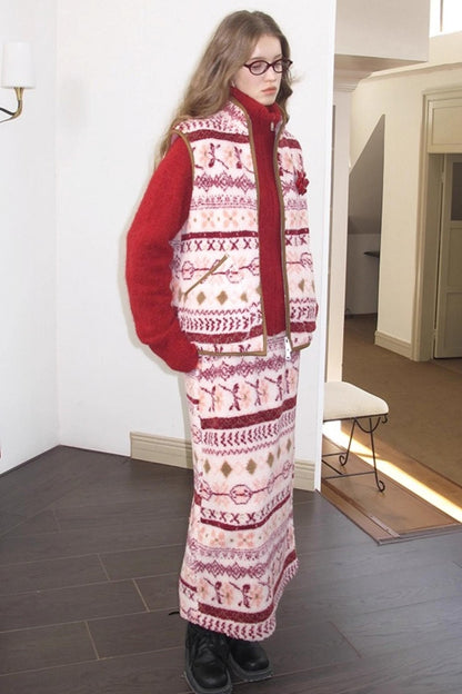 Berry Peach Retro Fleece Vest Jacket Skirt Set-Up