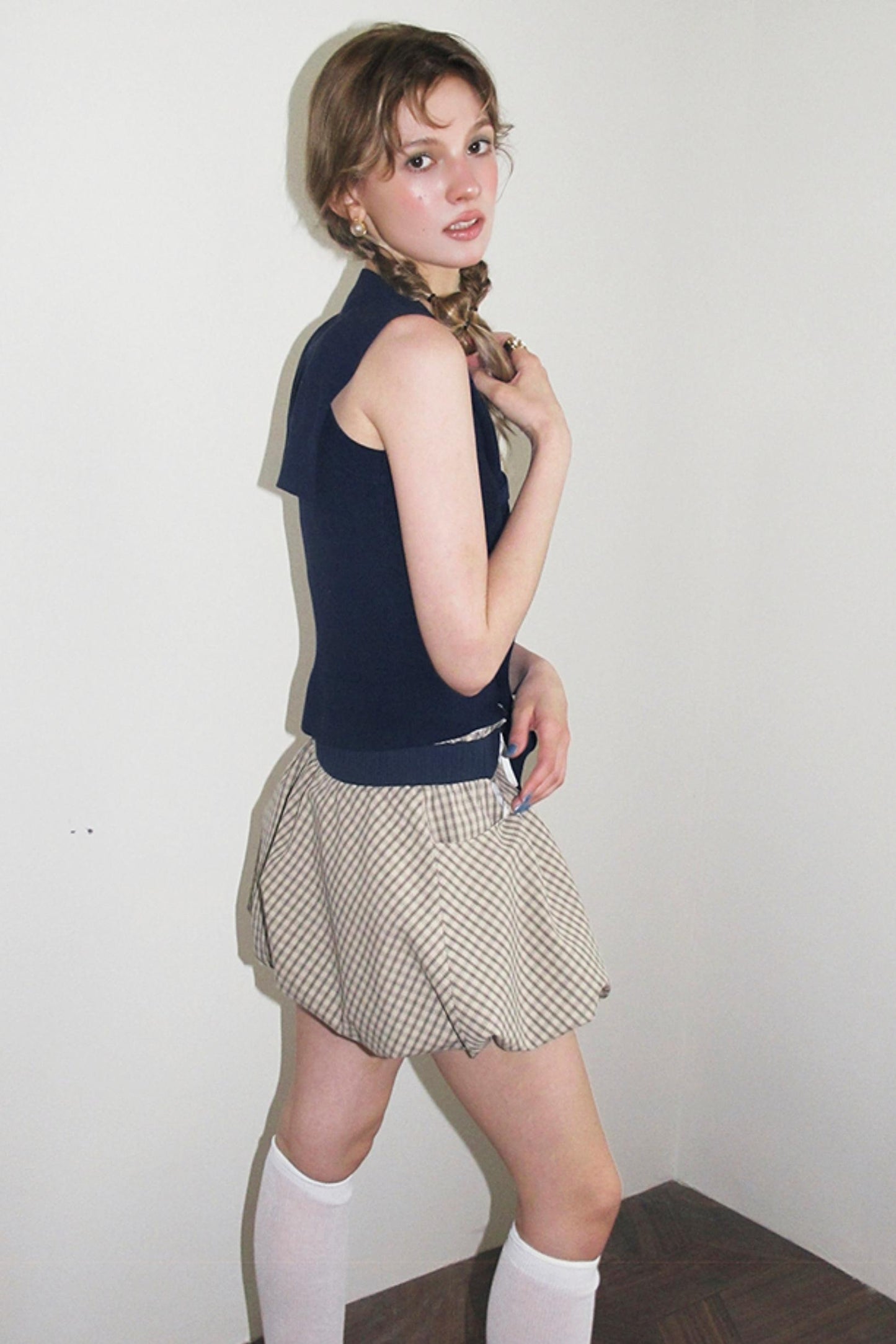 Vintage Khaki Plaid Elastic Skirt
