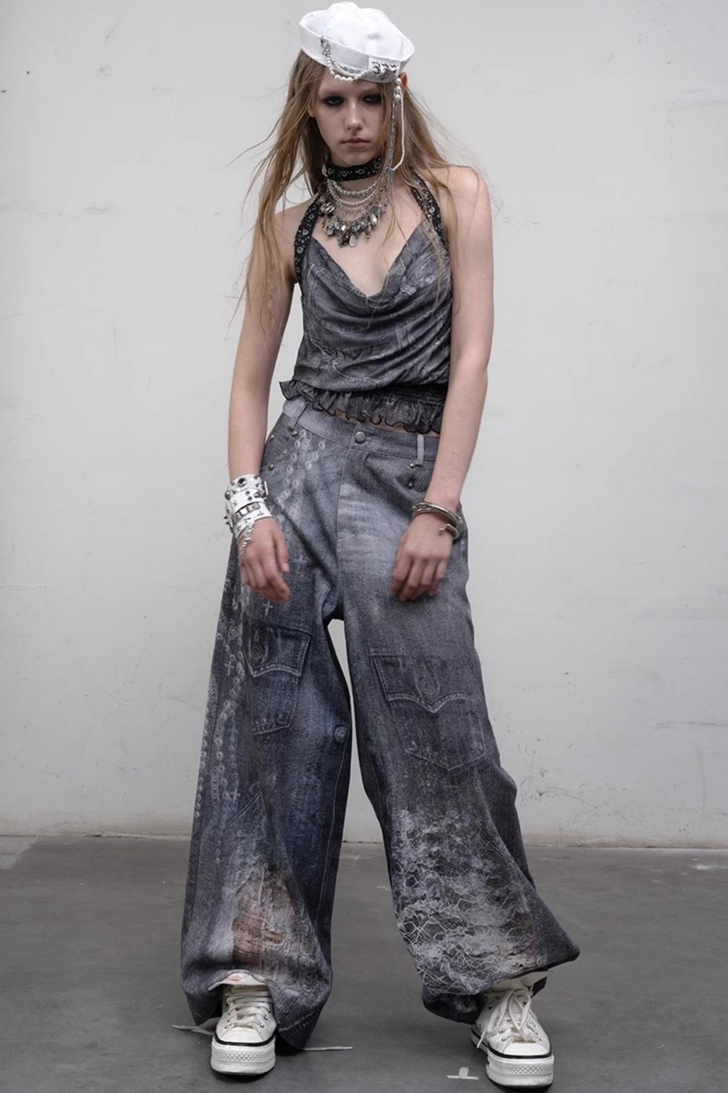 Printed Blue Wide-Leg Denim Pants