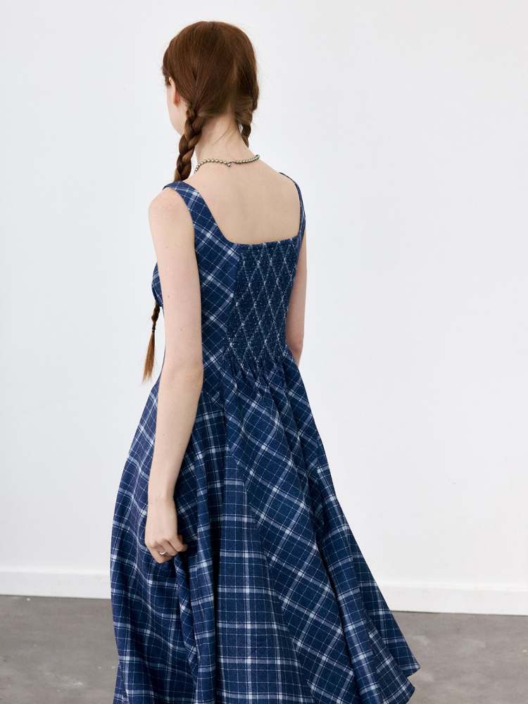 Plaid Suspender Long Flare Dress