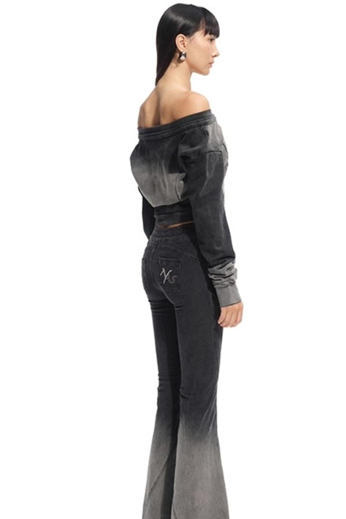 Ink-Dotted One-Shoulder Long-Sleeved Top