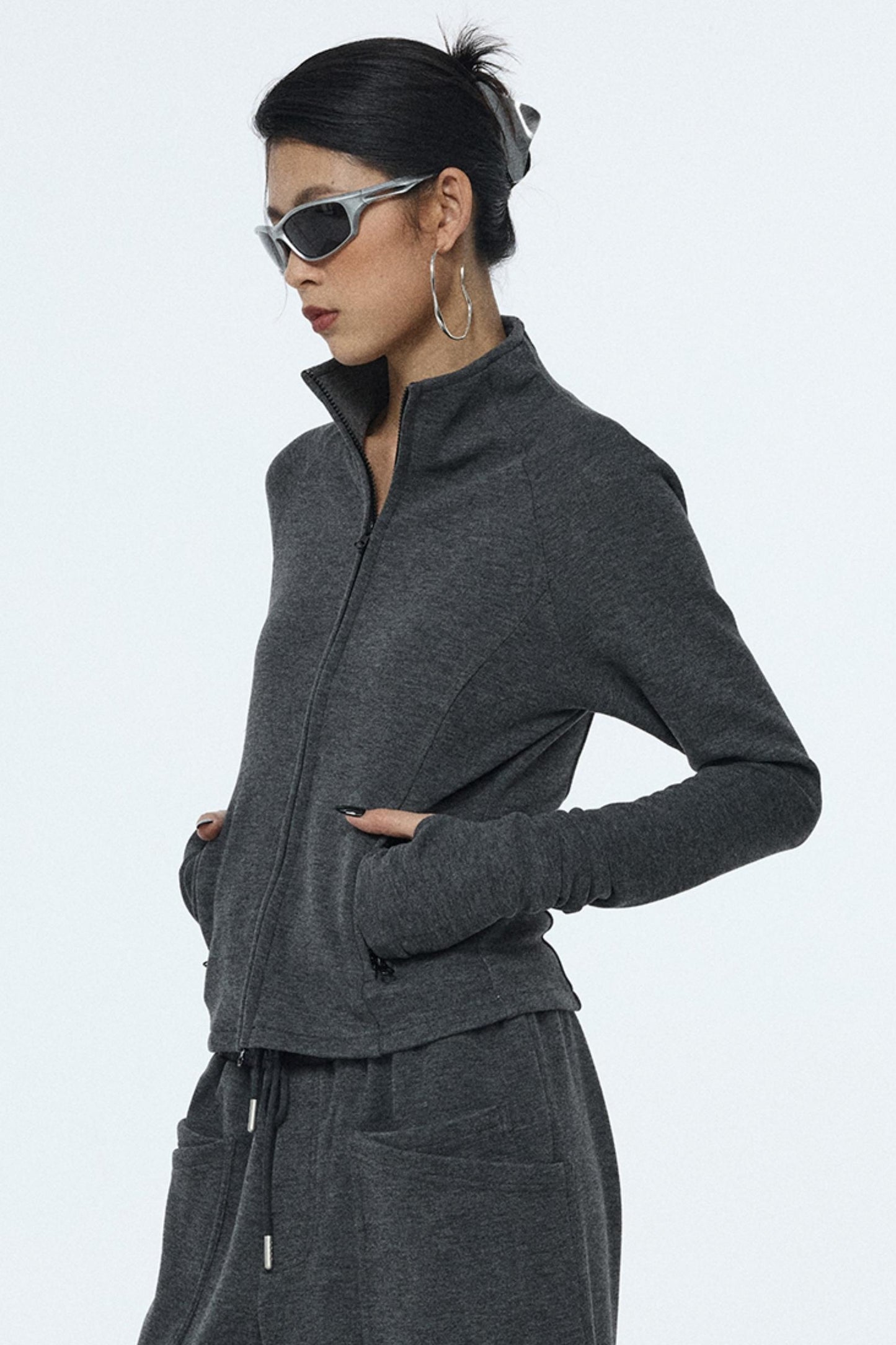 Gray Zipper Slim-Fit Top & Pants Set-Up