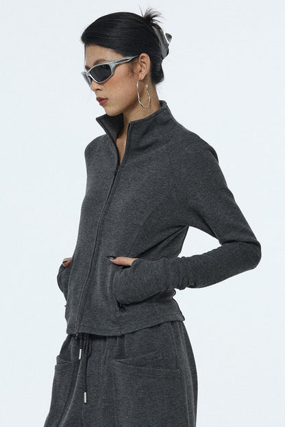 Gray Zipper Slim-Fit Top & Pants Set-Up