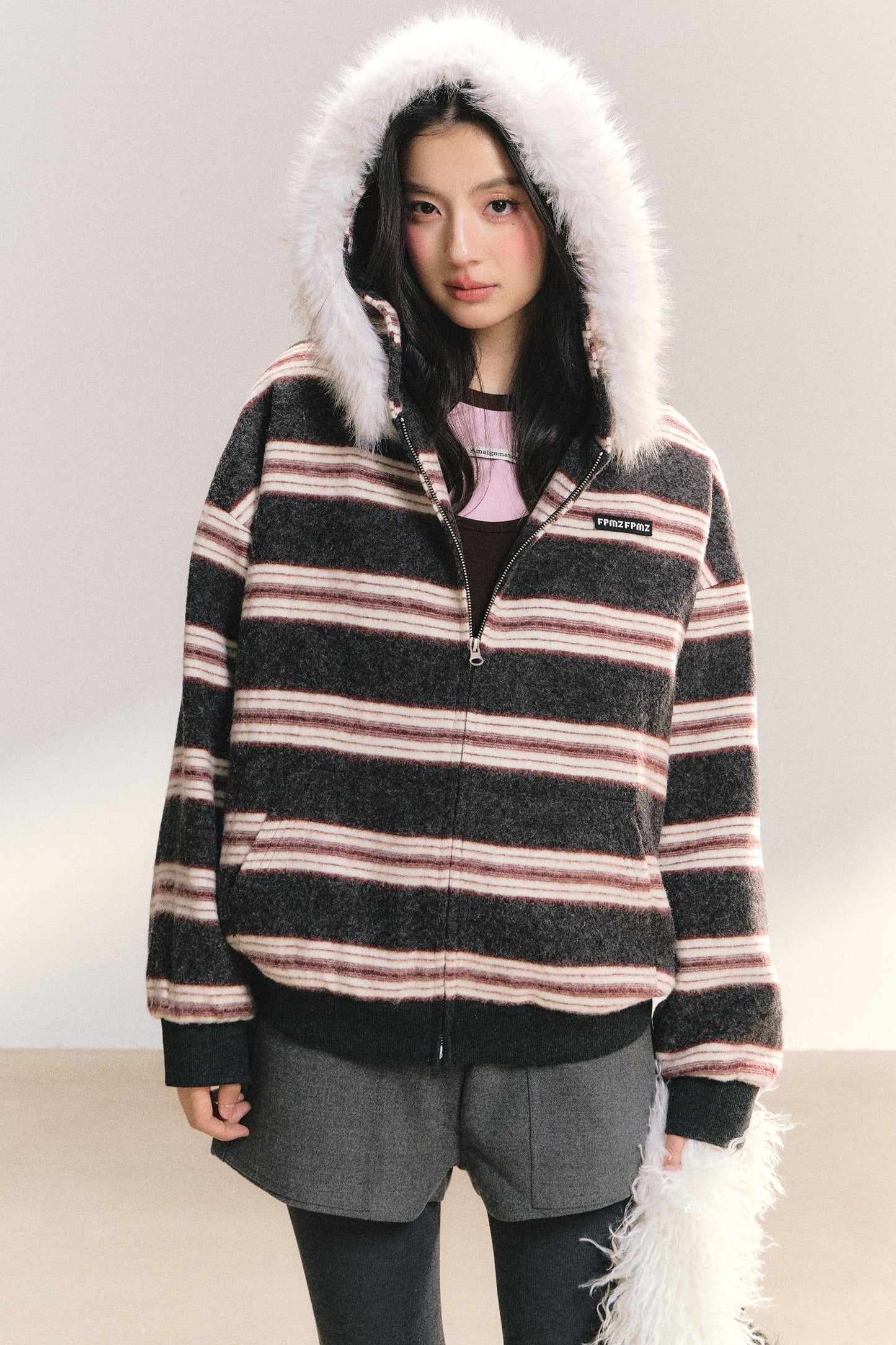 Detachable Fur Collar Striped Jacket