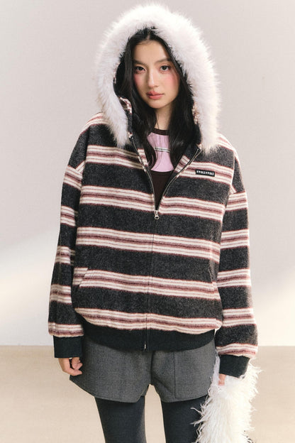 Detachable Fur Collar Striped Jacket