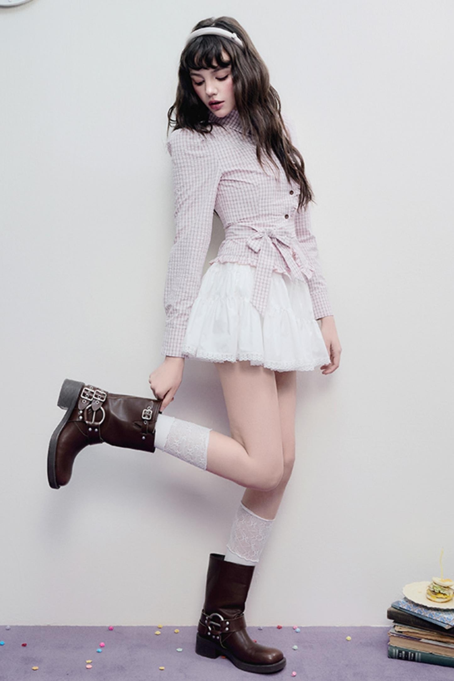 Spring Slim Plaid Ruffle Tie Shirt