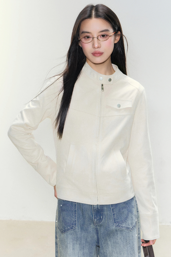 Suede Stand Collar Biker Jacket