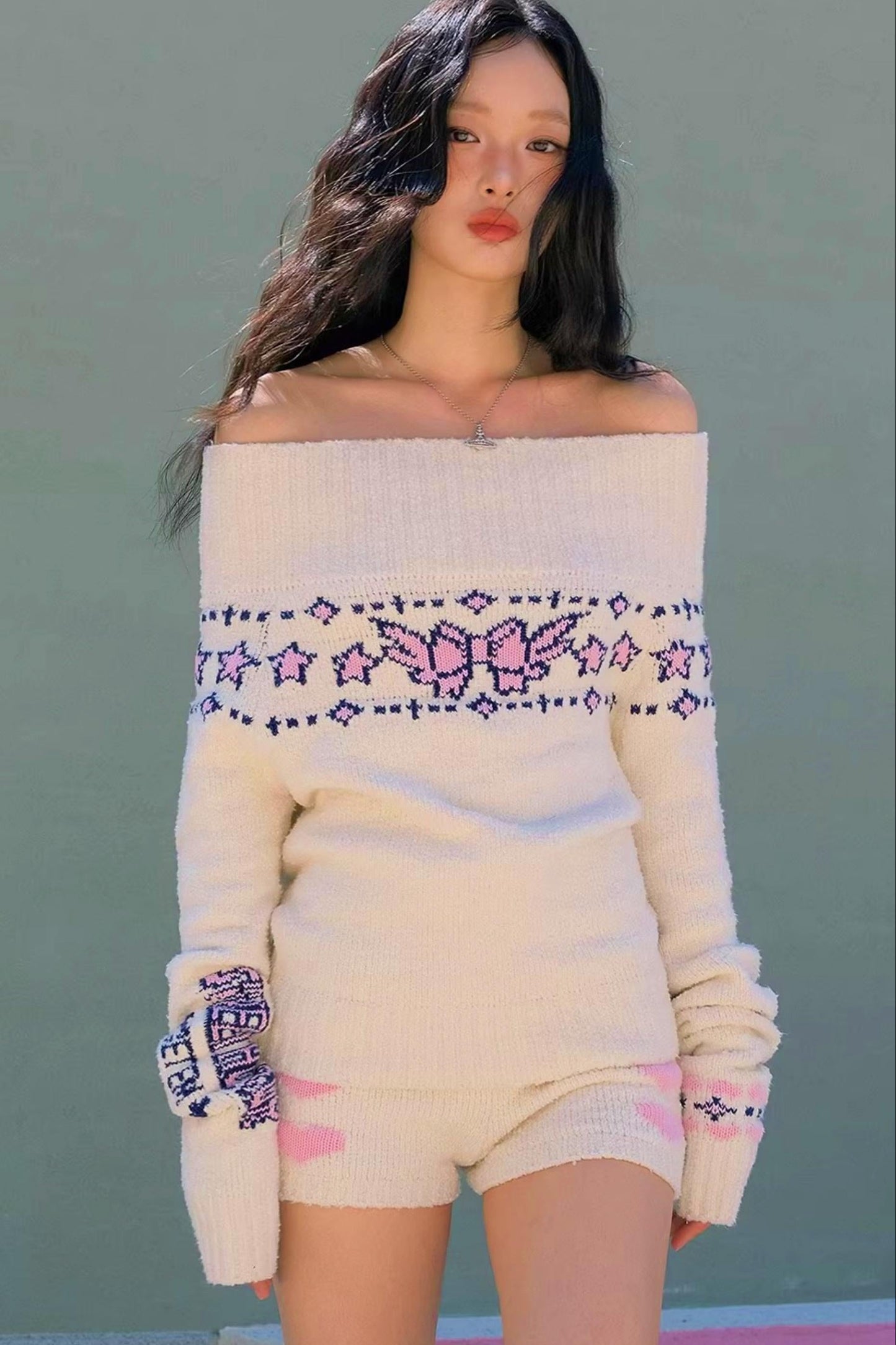 Jacquard-Strickpullover mit Schleife
