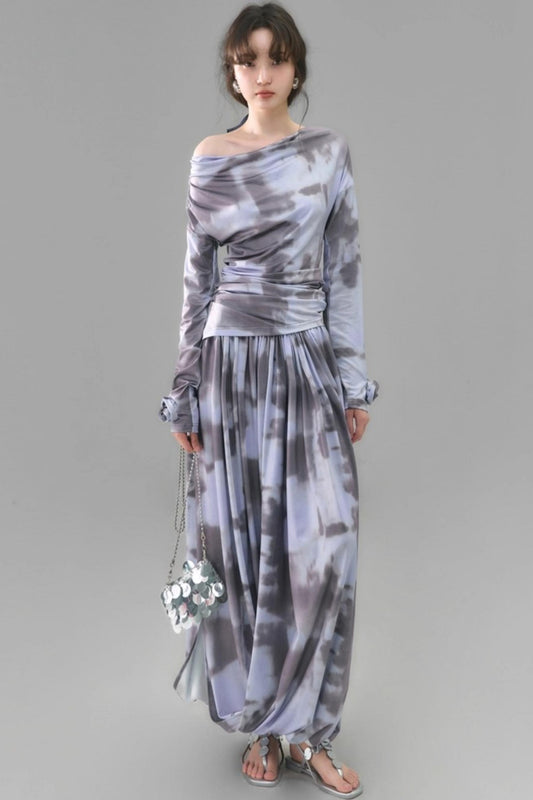 Poetic Swing Collar Print T-Shirt & Skirt Set-Up