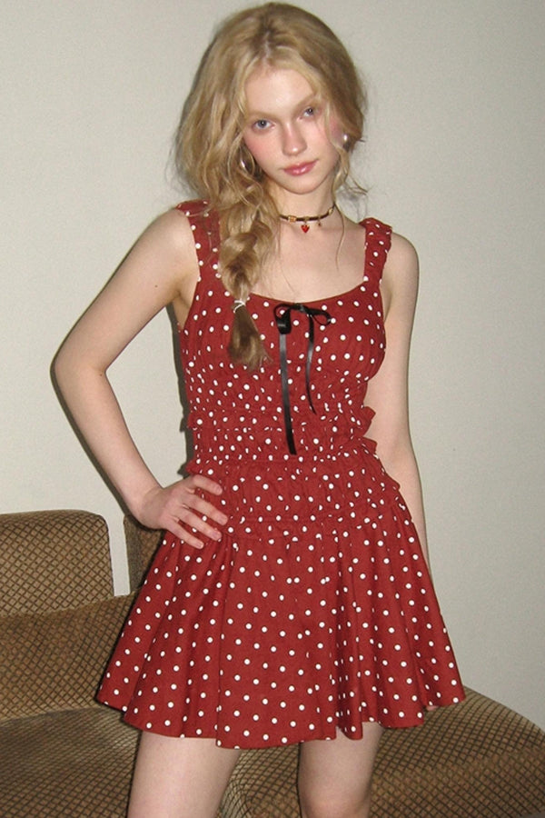 Pink Polka Dot Ruffle Halter Dress