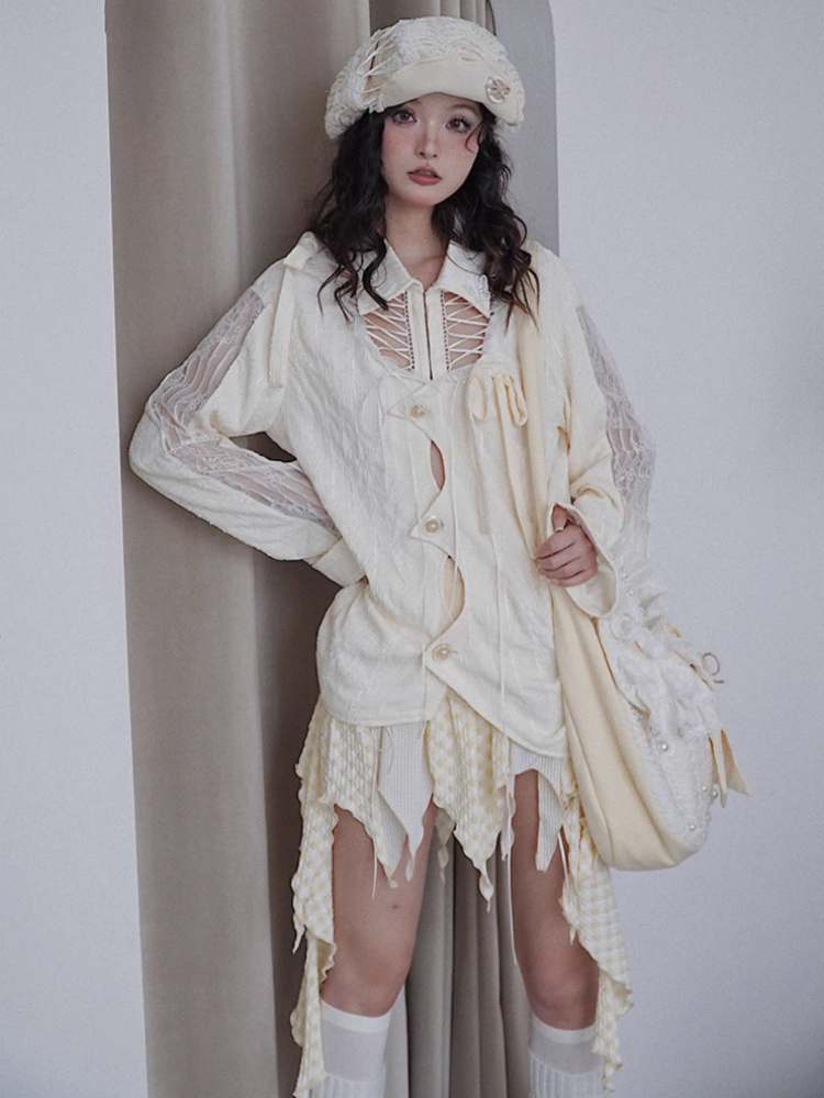 Niche Original Design Strap Sheer Lace Shirt