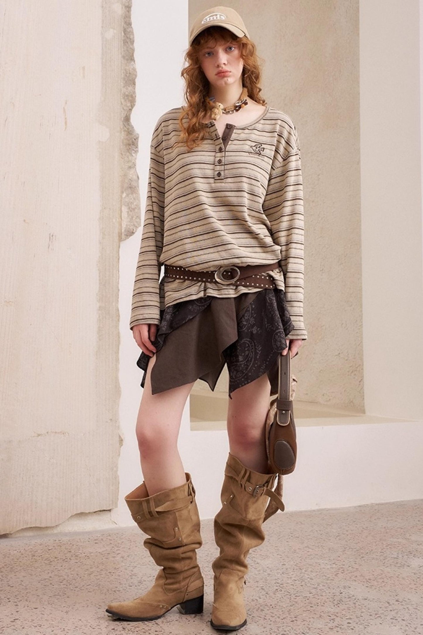 Vintage Brown Striped Loose T-Shirt