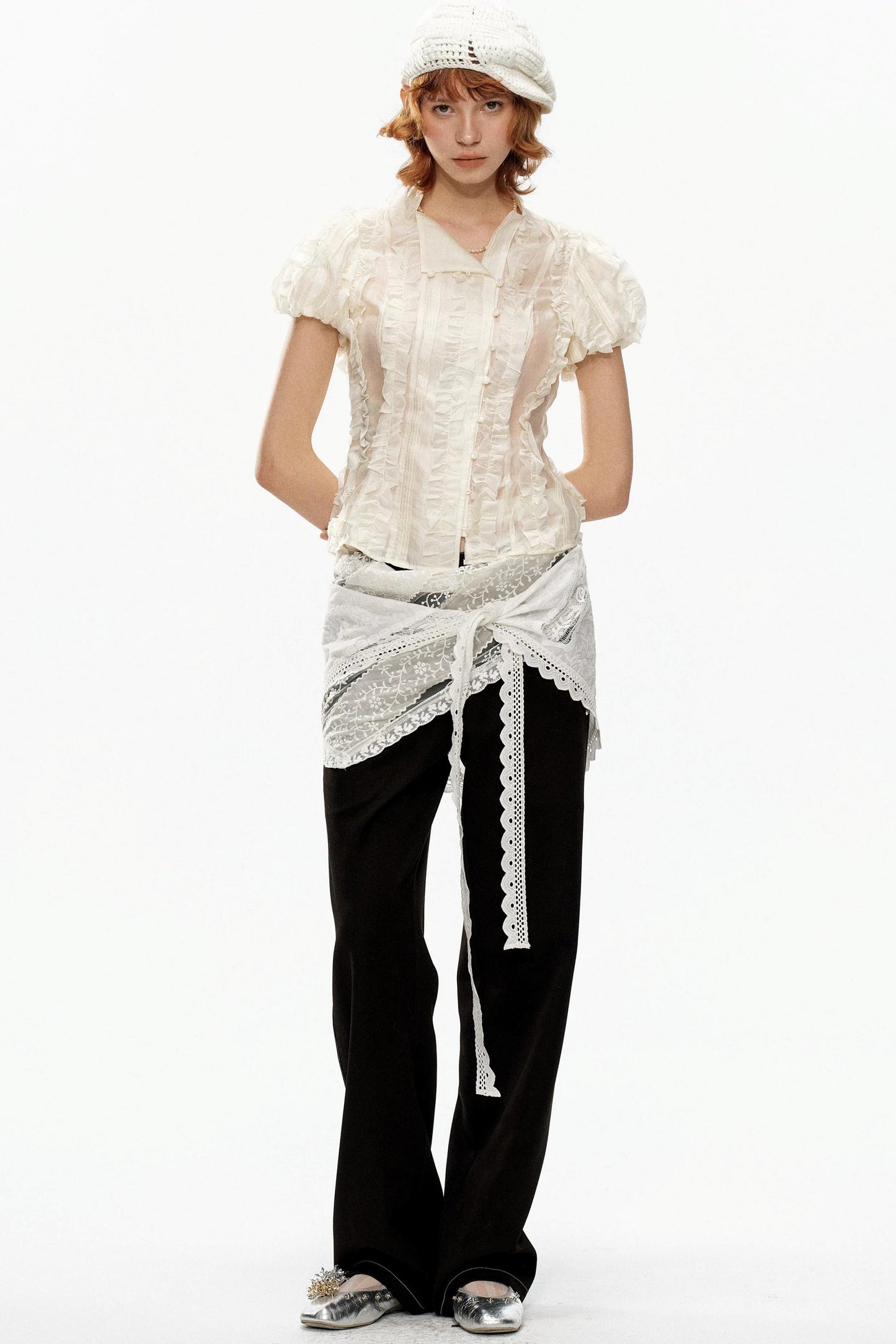 Beige Jacquard Puff Sleeve Blouse
