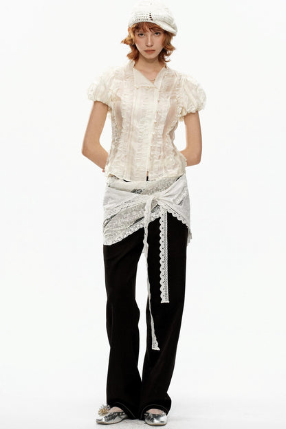 Beige Jacquard Puff Sleeve Blouse