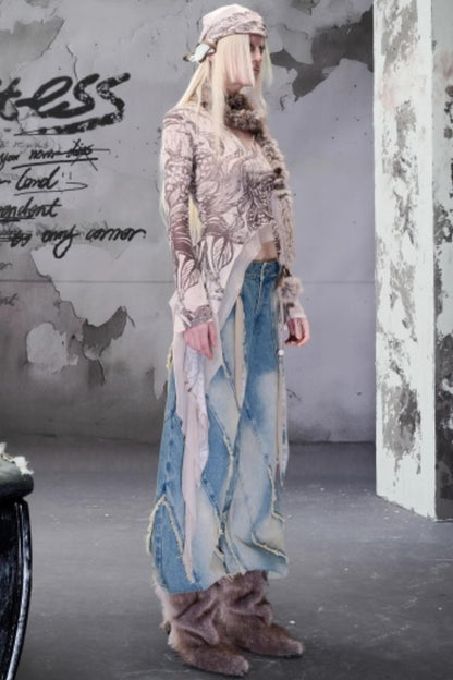 Beaded V-Neck Ruffled Skin Top