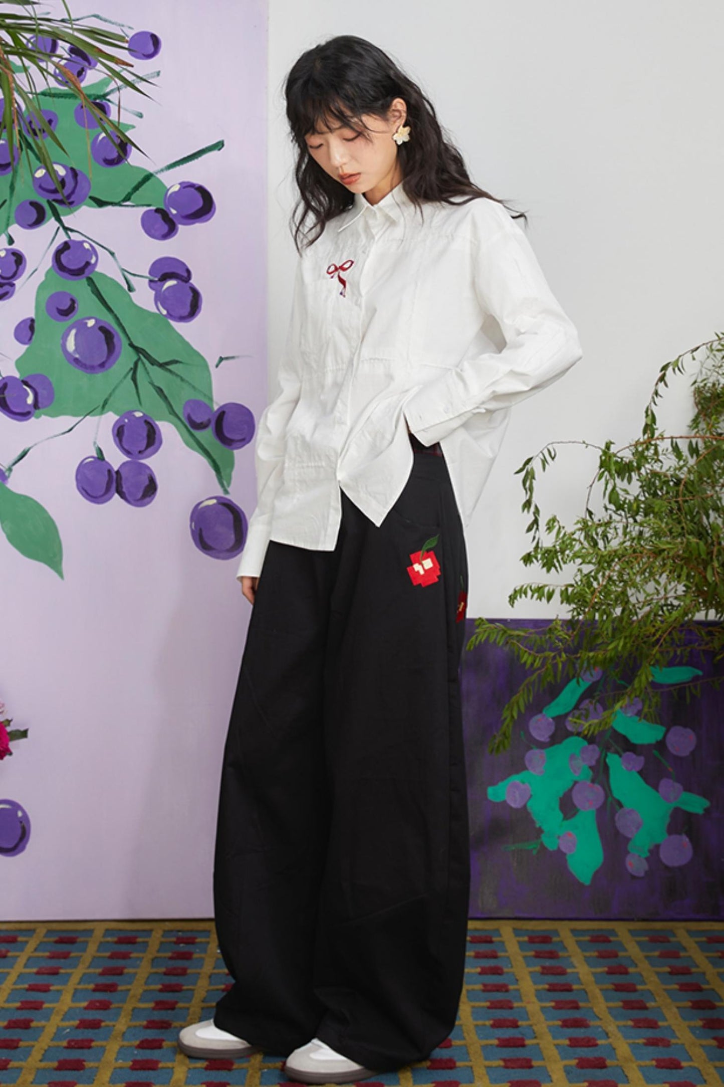 Retro Cherry Blossom Embroidered Pants