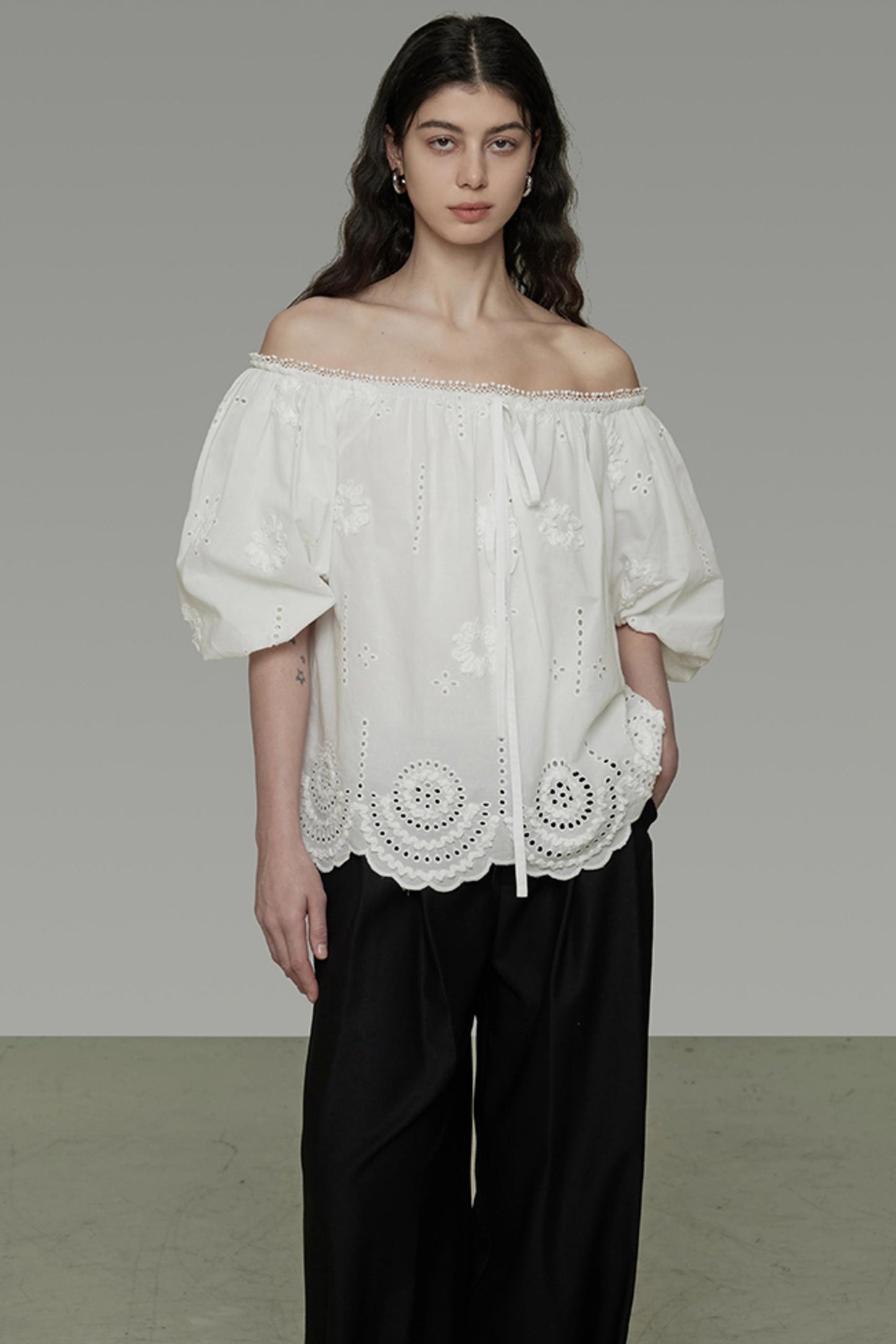 White Hollow Collar Blouse