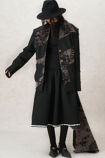 Velvet Panel V-neck Coat With Scarf Set-Up