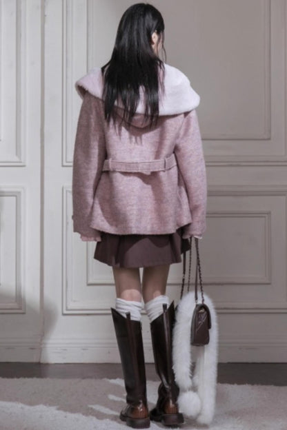 Cream Pink Quilted Woolen Coat