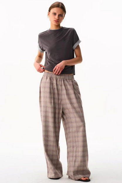 Blue Plaid Wide-Leg Pants