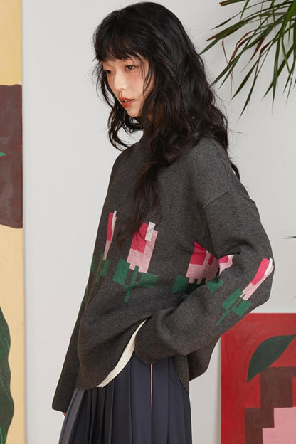 Jacquard Tulip Wool Knit Pullover