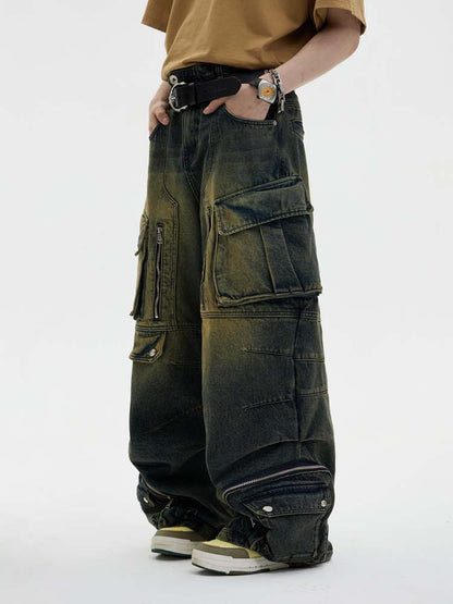 Multi Pocket Wide Leg Washed Denim Jeans