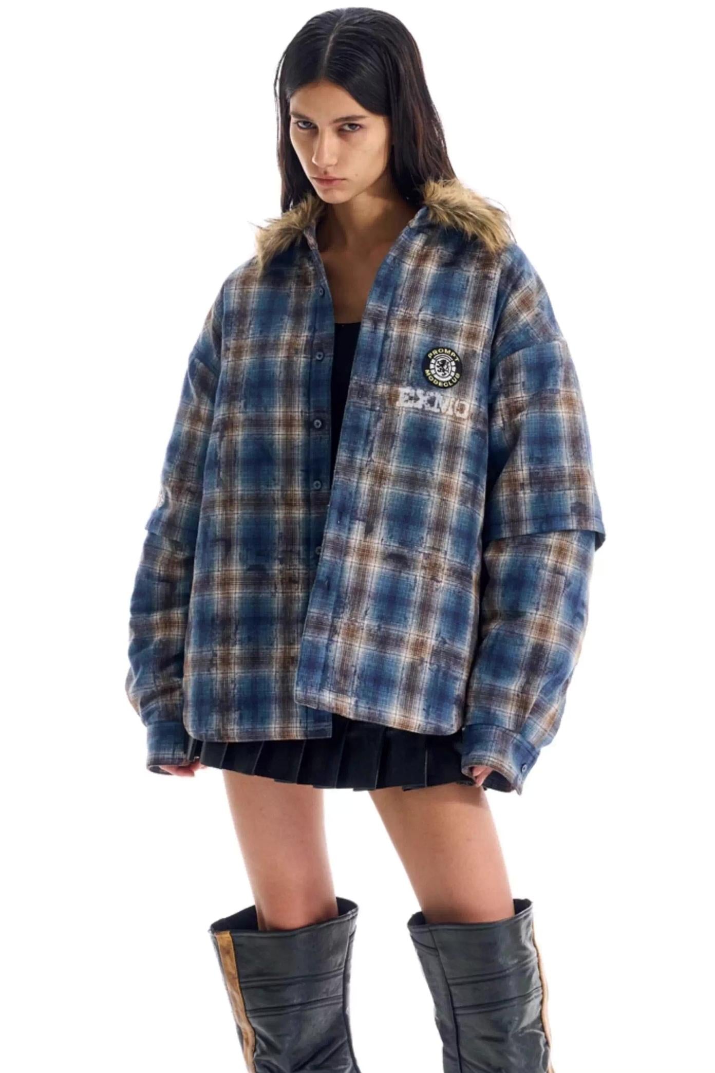 Embroidered Plaid Fur Collar Jacket