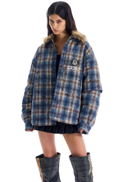Embroidered Plaid Fur Collar Jacket