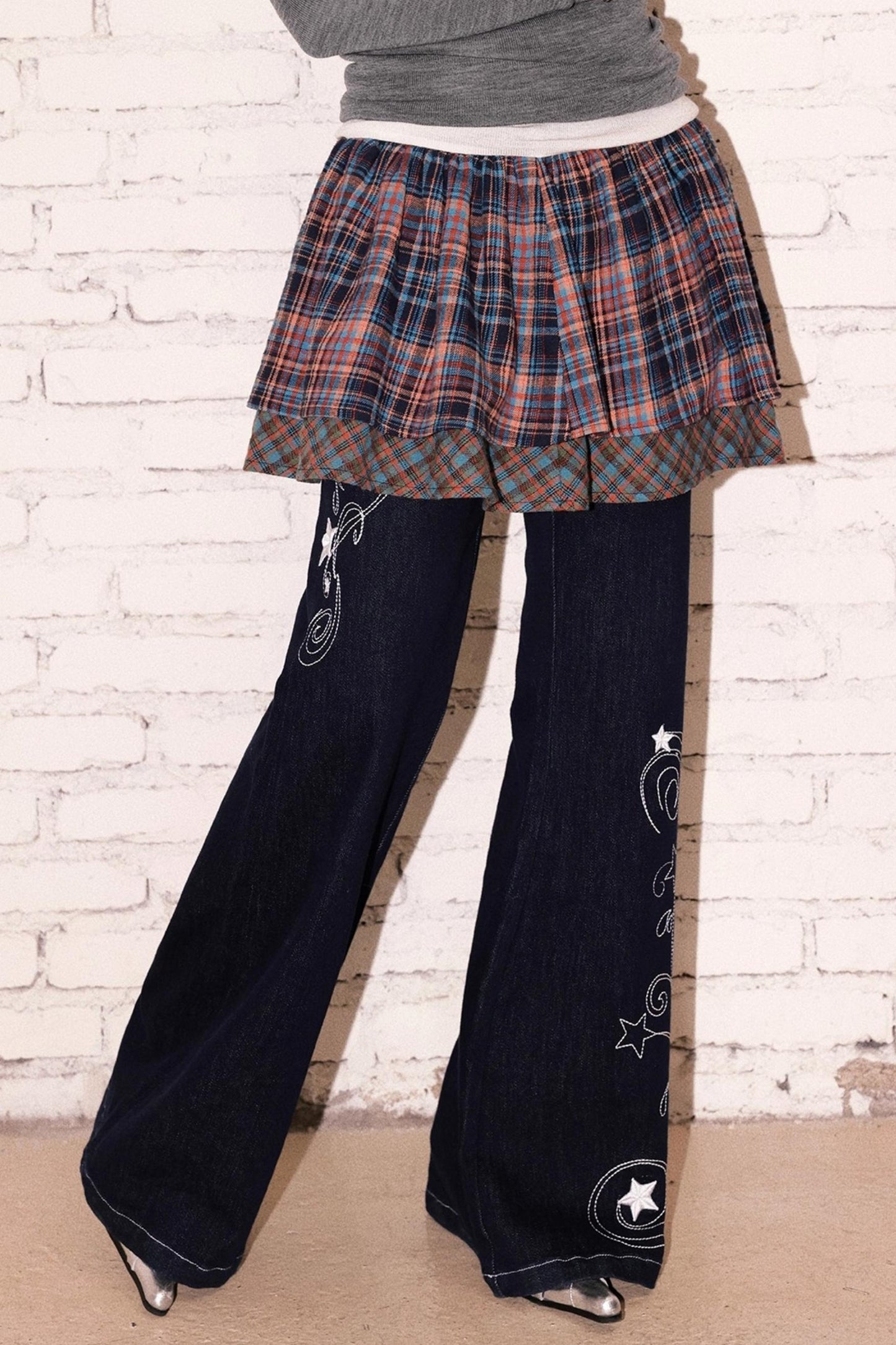 Double Layer Check Pleated Skirt