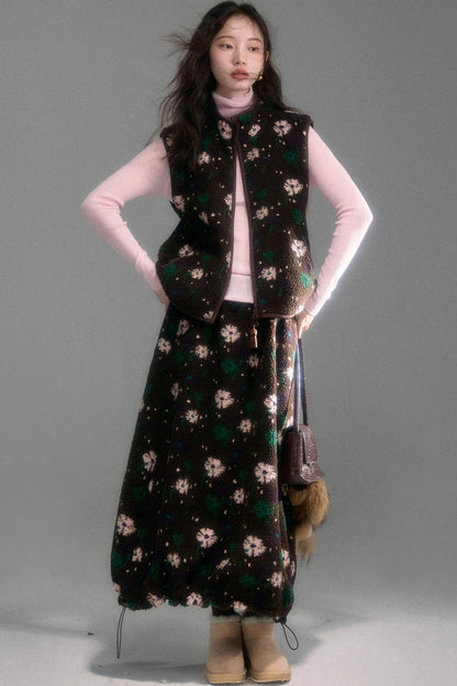 Floral Faux Lamb Wool Vest Jacket Set-Up