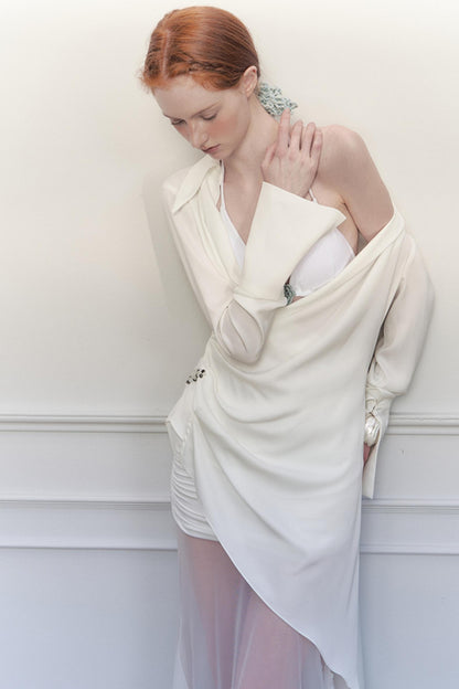 White Pleated Satin Blouse