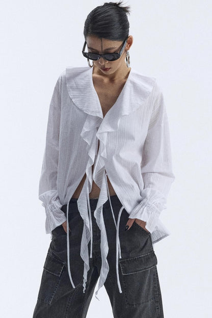 Winter White Ruffled V-Neck Shirt