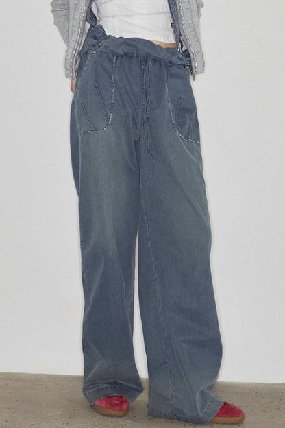 Washed Distressed Cuffed Waist Loose Pants