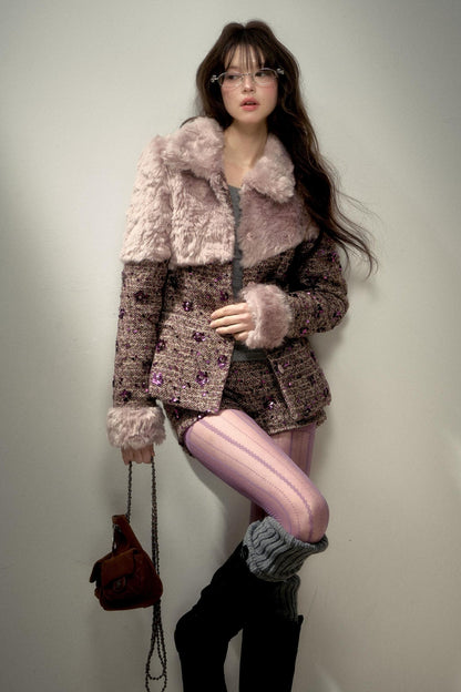 Retro Chic Purple Sequin Tweed Suit Set-Up