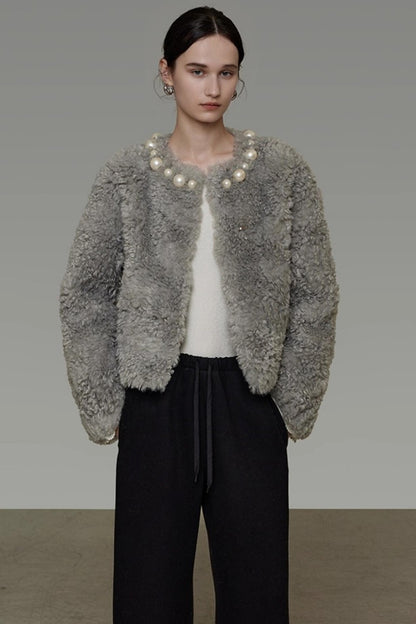 Pearl Collar Faux Fur Jacket