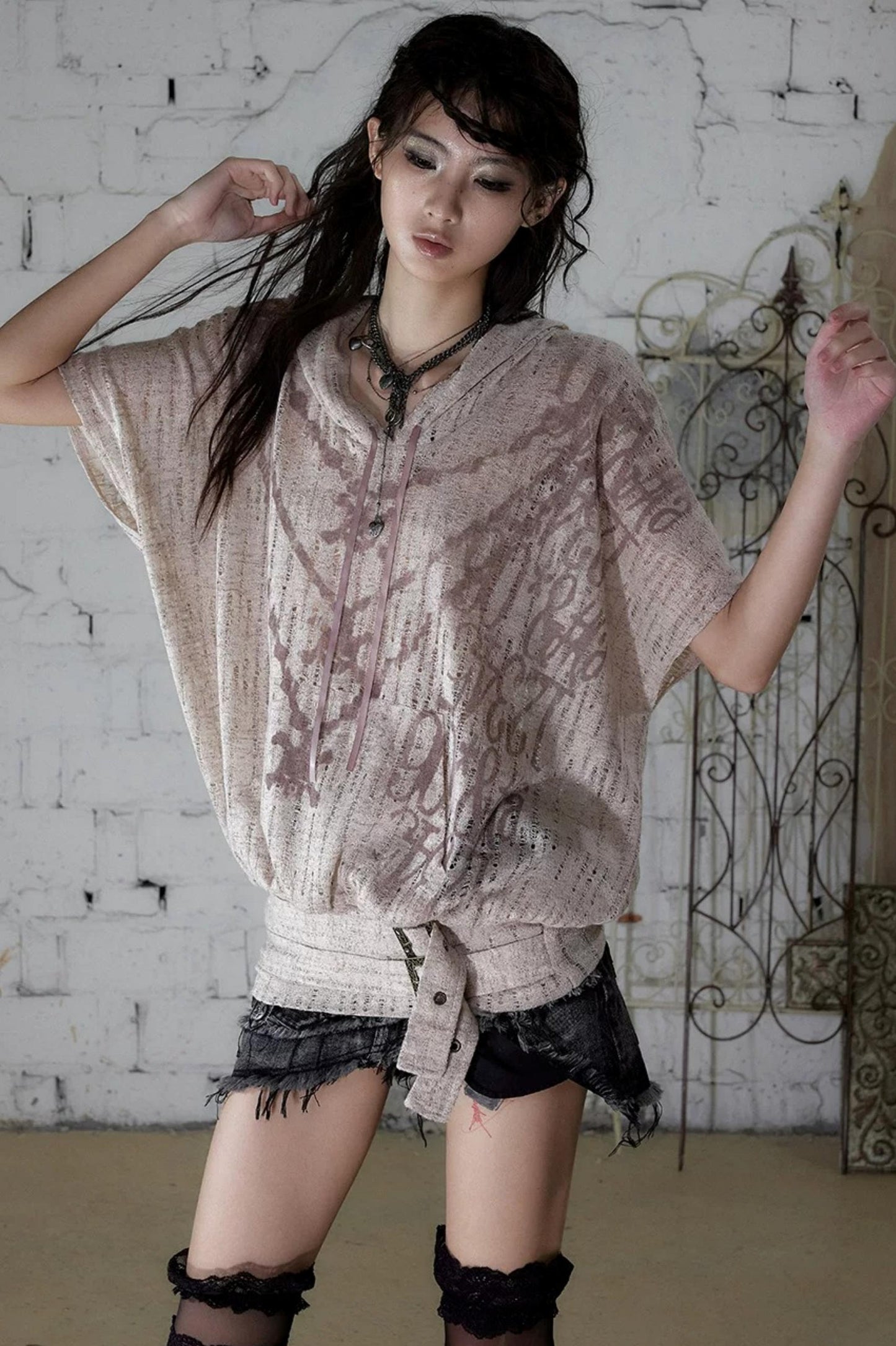 Punk Ripped Knit Hooded Blouse