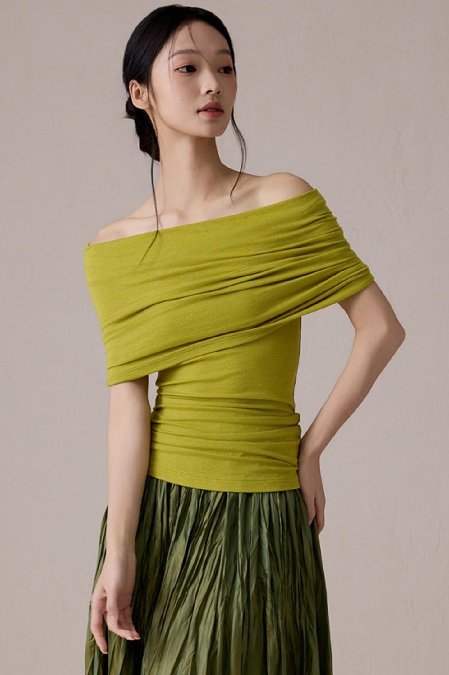 Green One-Shoulder Knit Top