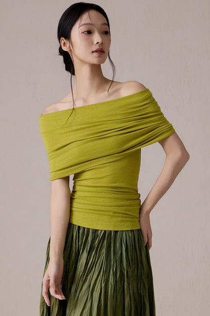 Green One-Shoulder Knit Top