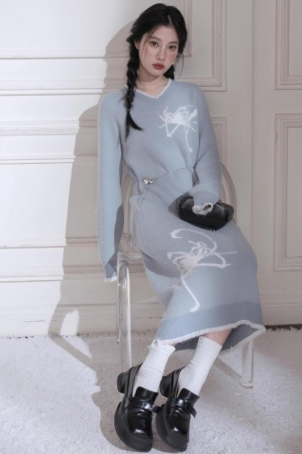 White Butterfly Blue Woolen Dress