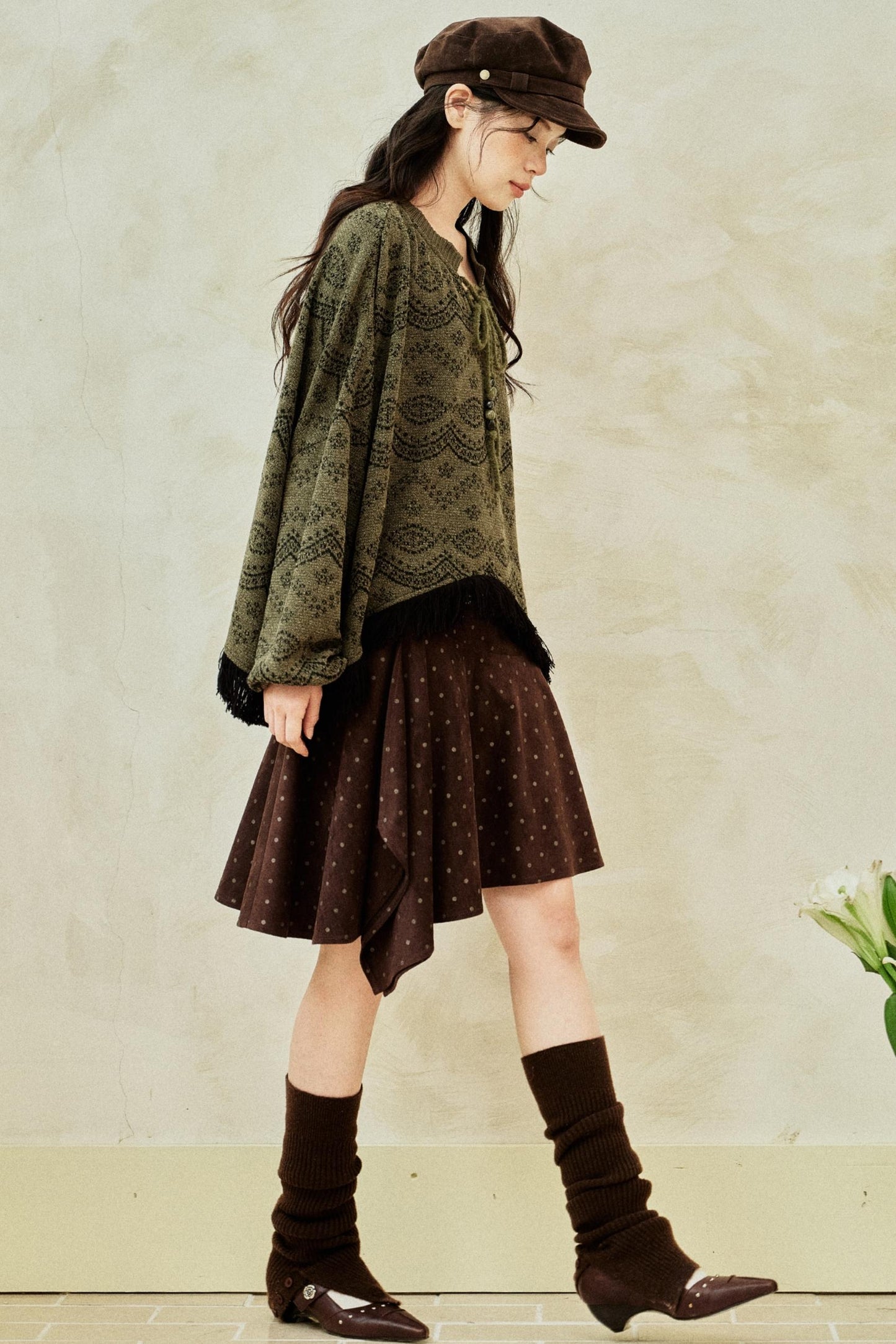 Dark Green Vintage Fringed Top & Scarf Set