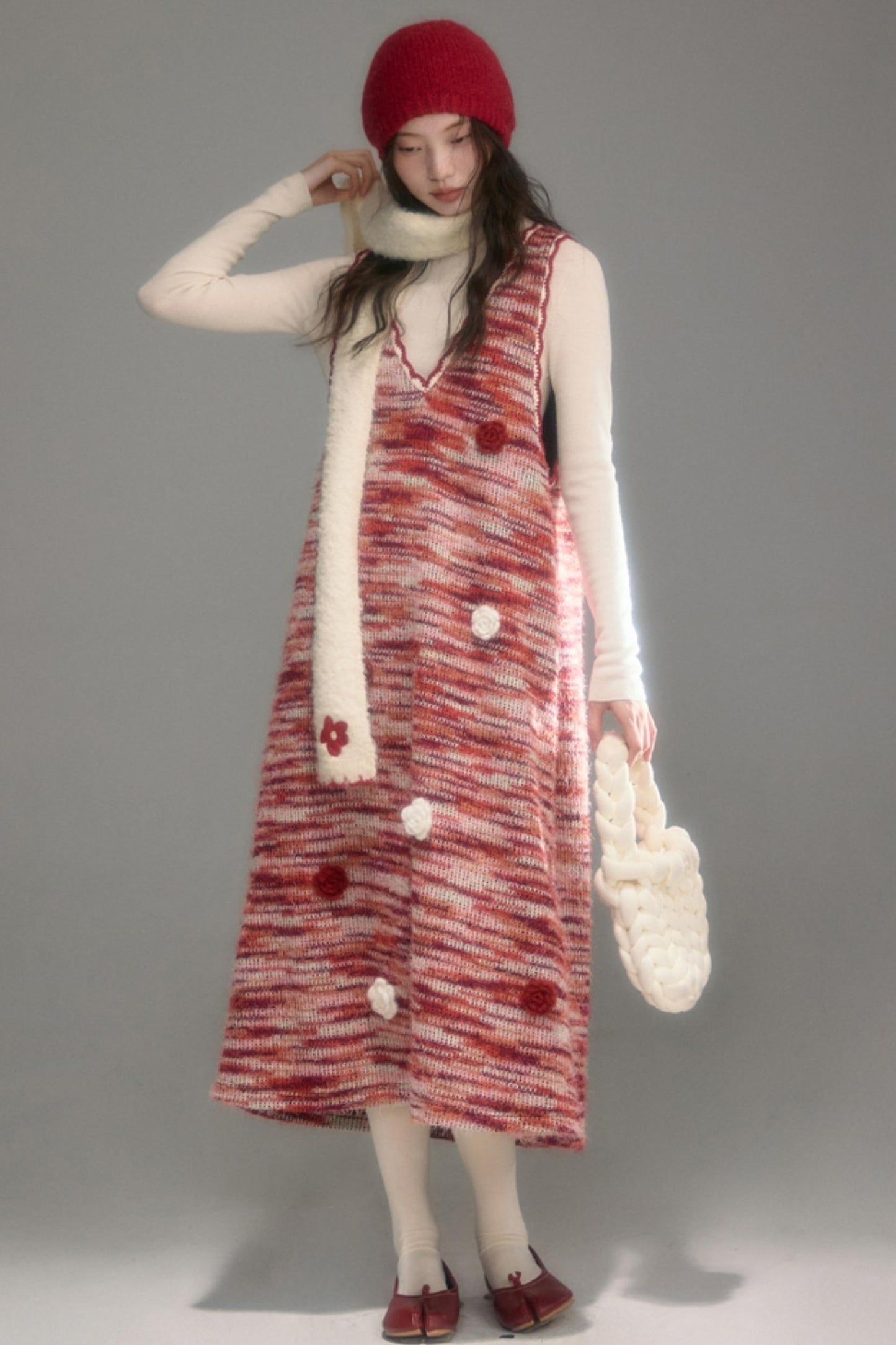 Red Vintage Crochet V-Neck Vest Dress