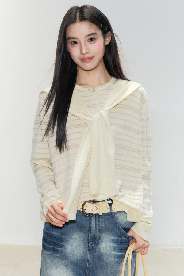 Striped Knit Shawl Sweater