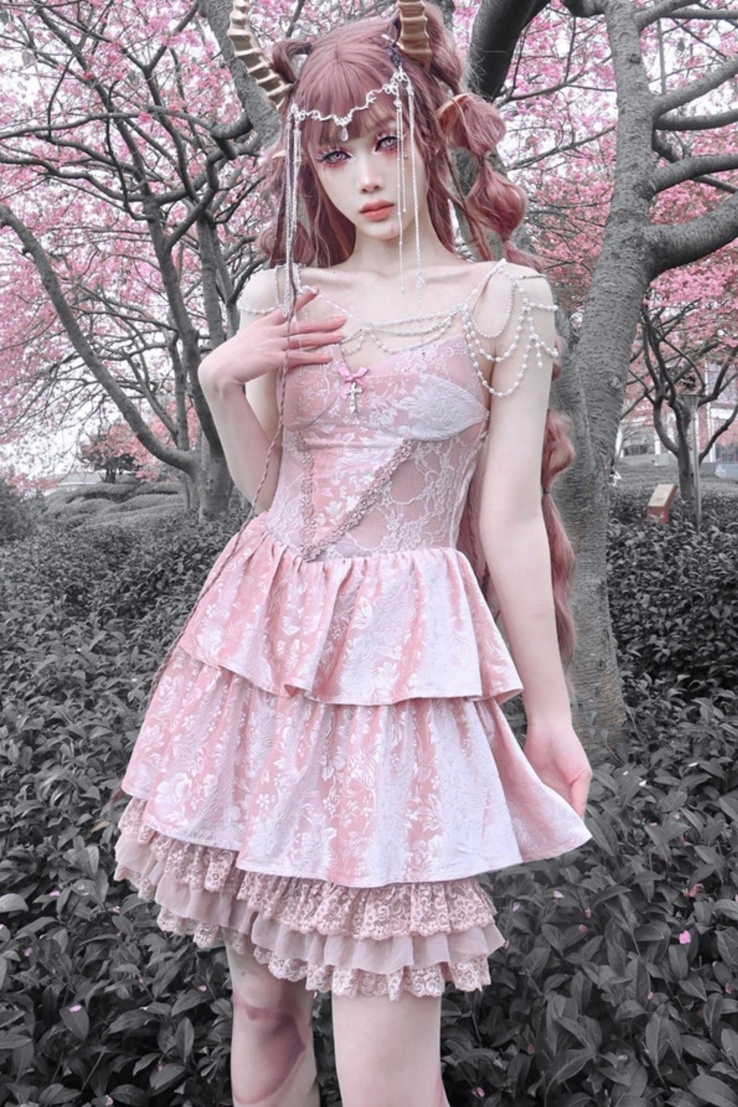 Gothic Lotus Root Pink Strap Dress Set-Up