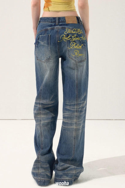 Retro Color-Block Embroidered Jeans