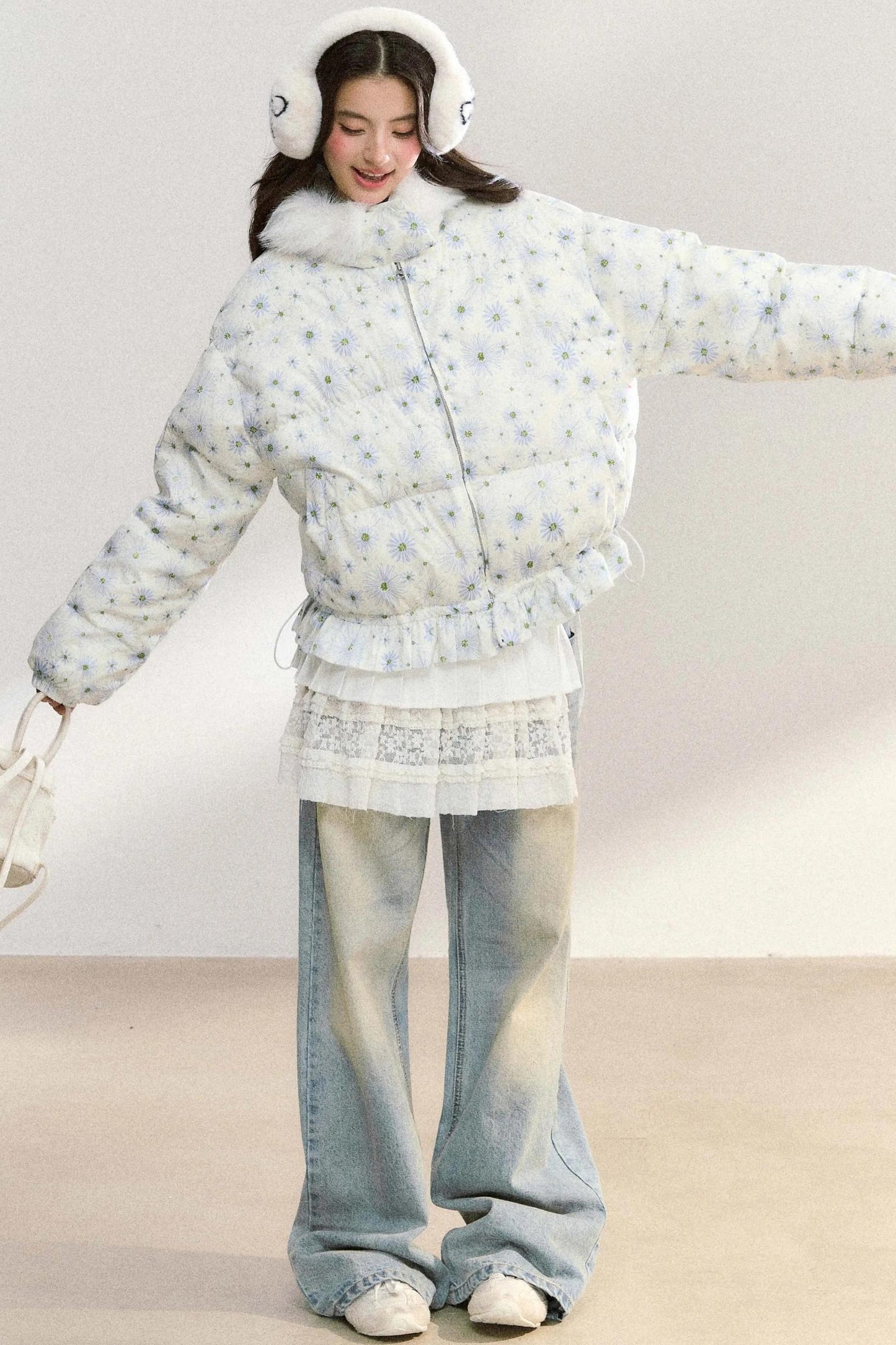 Fur Collar Daisy Print Jacket