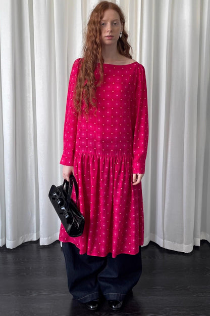 Smell Love Bow Rose Red Plaid Long Sleeve Dress